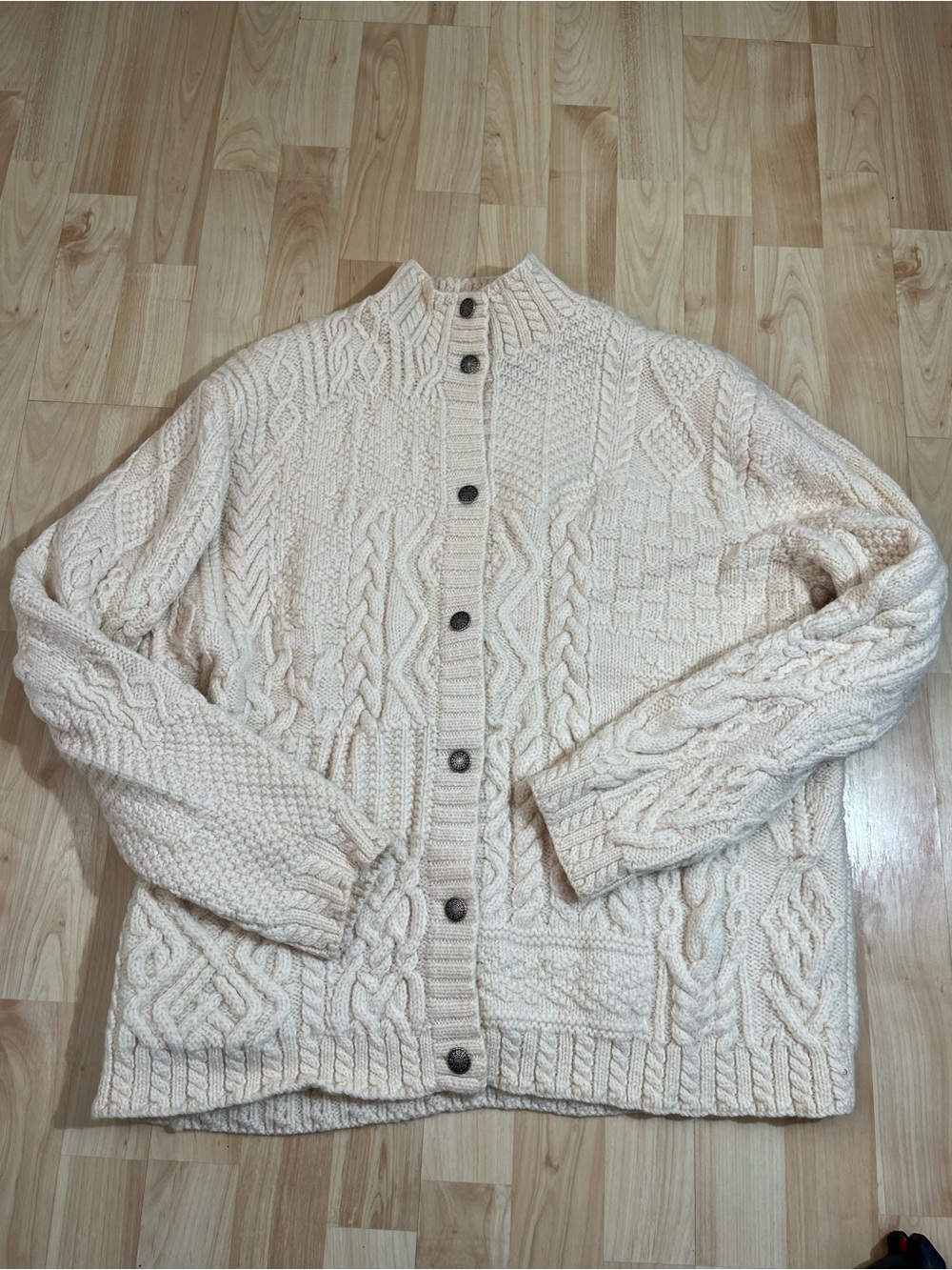 Lauren Ralph Lauren Hand Knit 100% Wool Cable Patchwork Cardigan Sweater CreamXL